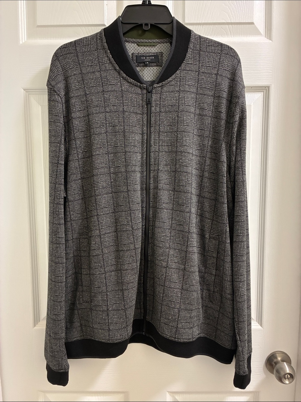 Ted Baker Gray Plaid Knit Jacket with Black Trim Size 6